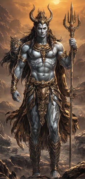 (extremely detailed 8k wallpaper), a medium full body photo of lord shiva,intricate, highly detailed, dramatic,trident in right hand,ready for war,wearing tiger skin costume