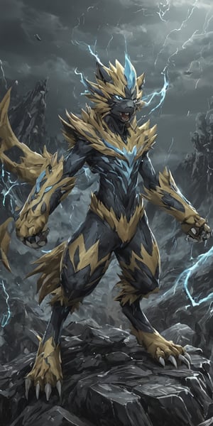 (extremely detailed 8k wallpaper), a medium full body photo of zeraora of pokemon,intricate, highly detailed, dramatic, standing on a mountain,screaming,lightning all around,Zeraora