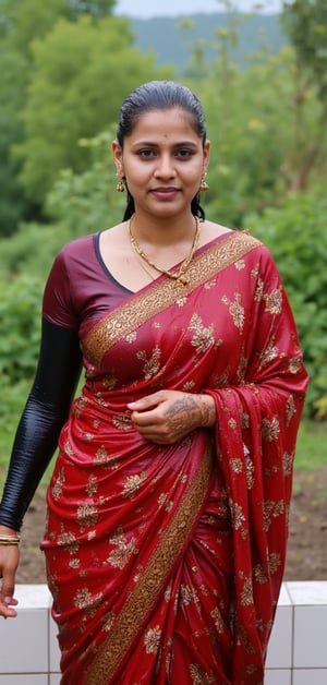 (wet clothes, wet hair, wet, wet face, wet skin, slimy hair , slimy saree, smily skin,wet slimed clothes cling to skin, slime shiny : 1.4 ) A soaking wet woman, adorned in traditional attire, standing outdoors amidst greenery. She is wrapped in a very very wet soaked richly patterned, red dhoti with intricate golden motifs. The dhoti has geometric designs, floral patterns, and other detailed artwork. The woman is also wearing a gold necklace, and her soaked hair is neatly tied up in a bun. Long sleeve . The background consists of trees and foliage, suggesting a serene and natural setting. Her hair skin clothes are wet . She has shampoo on her hair and soap all over her body. natural, volumetric lighting, 4K, RAW, masterpiece
 , , oil cascading clothes and skin, close-up portrait, white tiles background
.
, soakingwetclothes, wet clothes, wet hair, Visual Anime,art_booster,anime_screencap,fake_screenshot,anime coloring,Wet,covered in oil,covered in mud,wam,pouring oil,wetlook,pouring oil,Fetishwet