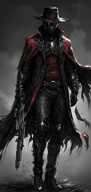 (extremely detailed 8k wallpaper), a medium full body photo of the shadow,intricate, highly detailed, dramatic, in black jacket,black pants,black boots,black cape,black hat,red handerchief covering his mouth and nose,guns in both hands,walking in darkness