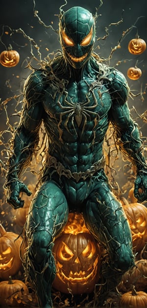 (extremely detailed 8k wallpaper), a medium full body photo of jack o lantern of spider man,intricate, highly detailed, dramatic, in green and blue costume, head made of pumpkin,head on fire,pumpkin bombs in hand,laughing madly