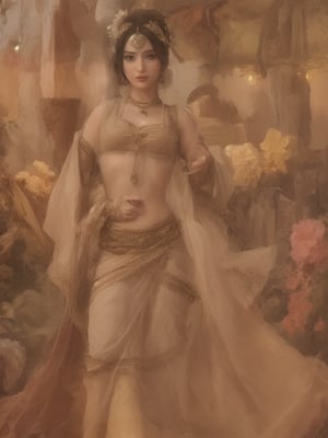 Hyper-realistic arcylic oil painting, digital illustration of a woman in a glamorous gold and regal blue knee length dhoti intricately embroidered, performing classical Indian dance. Adorned with intricate gold jewelry, hair tied in a bun with white flowers. Soft golden light highlights her graceful pose, elegant expression, and hand movements. Warm, ethereal atmosphere in a well-decorated wedding hall with natural bright room lighting. UHD, HDR, 24K, 40s.,wearing a k0715ar33