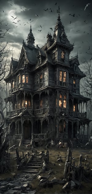 (extremely detailed 8k wallpaper), a medium full body photo of a haunted house,intricate, highly detailed, dramatic, a haunted house,very spooky,ghosts flying around