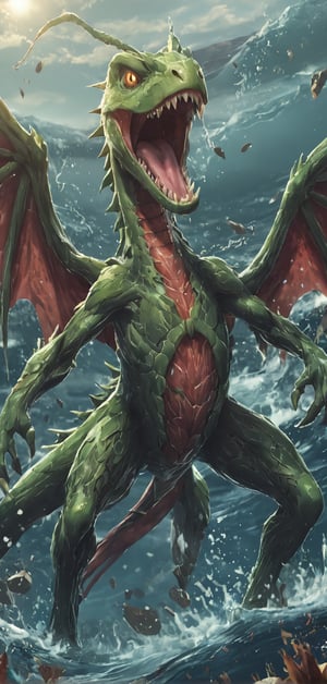 (extremely detailed 8k wallpaper), a medium full body photo of grovyle of pokemon,intricate, highly detailed, dramatic, screaming,in an ocean,Grovyle,Grovyle