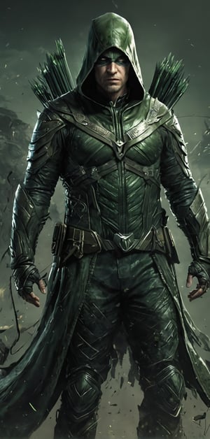 (extremely detailed 8k wallpaper), a medium full body photo of green arrow, intricate, highly detailed, dramatic, in green arrow costume, fighting