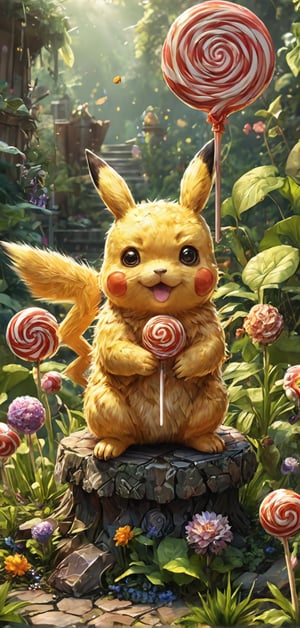 (extremely detailed 8k wallpaper), a medium full body photo of pikachu,intricate, highly detailed, dramatic, with a big lollipop in hand,sitting in a garden