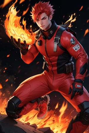1 male, fire hair, breathing fire, red eyes, flaming suit, red boots, shooting flames from hands
