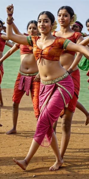 hindu_girl with indian saree , indian_temples , wearing_red_tight dhoti , detailed_background , 32k , 8k , masterpiece , high_resolution , beautiful , black_long_hairs ,girl wearing indian dhoti ,knee length, red_theme ,dhoti , belly exposed,  , dancing, flower field, perfect fingers ,wearing a k0715ar33