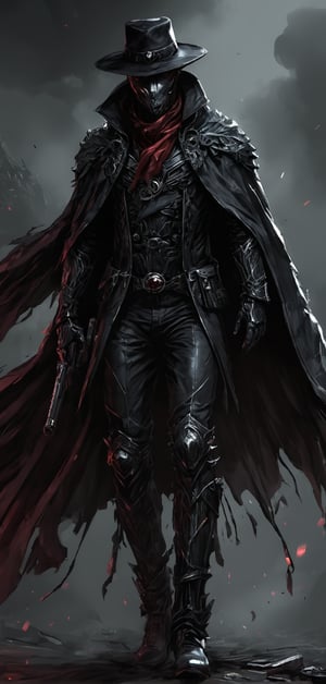 (extremely detailed 8k wallpaper), a medium full body photo of the shadow,intricate, highly detailed, dramatic, in black jacket,black pants,black boots,black cape,black hat,red handerchief covering his mouth and nose,guns in both hands,walking in darkness