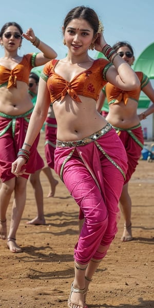 hindu_girl with indian saree , indian_temples , wearing_red_tight dhoti , detailed_background , 32k , 8k , masterpiece , high_resolution , beautiful , black_long_hairs ,girl wearing indian dhoti ,knee length, red_theme ,dhoti , belly exposed,  , dancing, flower field, perfect fingers ,wearing a k0715ar33