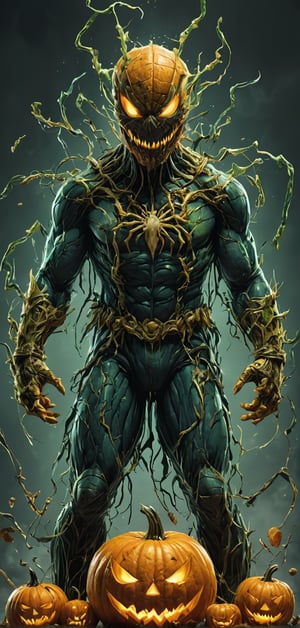 (extremely detailed 8k wallpaper), a medium full body photo of jack o lantern of spider man,intricate, highly detailed, dramatic, in green and blue costume, head made of pumpkin,head on fire,pumpkin bombs in hand,laughing madly