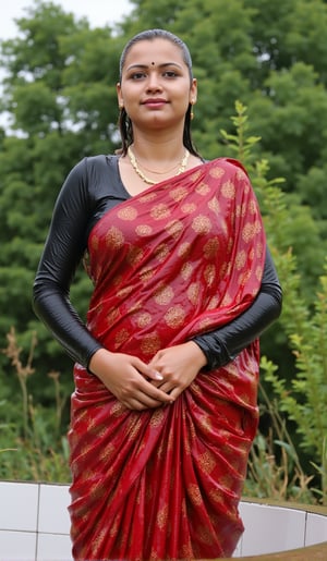 (wet clothes, wet hair, wet, wet face, wet skin, slimy hair , slimy saree, smily skin,wet slimed clothes cling to skin, slime shiny : 1.4 ) A soaking wet woman, adorned in traditional attire, standing outdoors amidst greenery. She is wrapped in a very very wet soaked richly patterned, red knee length dhoti with intricate golden motifs. The dhoti has geometric designs, floral patterns, and other detailed artwork. The woman is also wearing a gold necklace, and her soaked hair is neatly tied up in a bun. Long sleeve . The background consists of trees and foliage, suggesting a serene and natural setting. Her hair skin clothes are wet . She has shampoo on her hair and soap all over her body. natural, volumetric lighting, 4K, RAW, masterpiece
 , , oil cascading clothes and skin, close-up portrait, white tiles background
.
, soakingwetclothes, wet clothes, wet hair, Visual Anime,art_booster,anime_screencap,fake_screenshot,anime coloring,Wet,covered in oil,covered in mud,wam,pouring oil,wetlook,pouring oil,Fetishwet