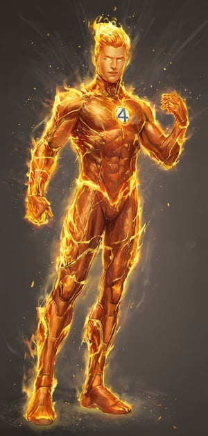 (extremely detailed 8k wallpaper), a medium full body photo of human torch of fantastic four,intricate, highly detailed, dramatic, in fantastic four costume,fire on his body,ready for war,four_Fantastic,Marvel,Hero,_Fantastic_Four,Comic, Human_Torch_Four_Fantastic