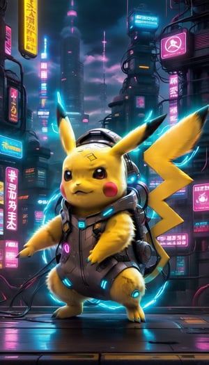 "Envision Pikachu, the iconic Pokémon, reimagined in a hi-tech cyberpunk aesthetic. Its electric tail now sport intricate mechanical attachments, and its scales shimmer with a fusion of neon lights. Standing amidst a futuristic urban backdrop, this cyber Pikachu emanates a captivating blend of power and technological wonder."