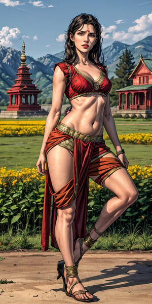 hindu_girl with indian saree , indian_temples , wearing_red_tight dhoti , detailed_background , 32k , 8k , masterpiece , high_resolution , beautiful , black_long_hairs ,girl wearing indian dhoti ,knee length,short dhoti, red_theme ,dhoti , belly exposed,  , sexy pose,standing in a haunted house,flower field, perfect fingers ,wearing a k0715ar33