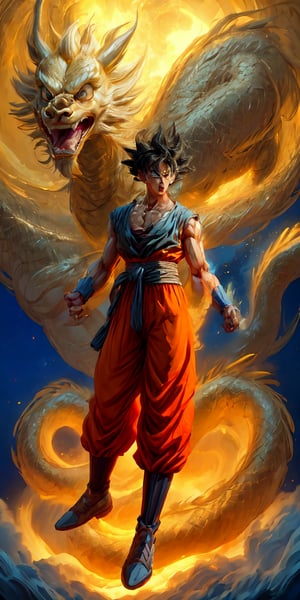 (extremely detailed 8k wallpaper), a medium full body photo of super saiyan 3 goku,intricate, highly detailed, dramatic, in goku costume,powering up,screaming,AniMesh, Golden oriental dragon,luis_sal,Goku