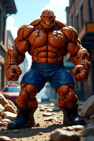 A dynamic and powerful scene featuring The Thing, from the Fantastic Four, heavily muscular and clad in blue tights and black boots, with his whole body made of orange rocks. The shot is framed mid-body, capturing his rugged form and determined expression. The lighting is bright and reflective, with sunlight highlighting his rocky texture and the intricate details of his costume. The composition emphasizes his strength and heroic presence, with a focus on his determined eyes and the surrounding environment.