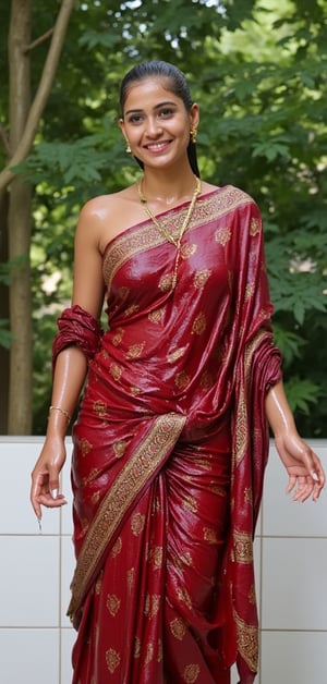 (wet clothes, wet hair, wet, wet face, wet skin, slimy hair , slimy saree, smily skin,wet slimed clothes cling to skin, slime shiny : 1.4 ) A soaking wet woman, adorned in traditional attire, standing outdoors amidst greenery. She is wrapped in a very very wet soaked richly patterned, red dhoti with intricate golden motifs. The dhoti has geometric designs, floral patterns, and other detailed artwork. The woman is also wearing a gold necklace, and her soaked hair is neatly tied up in a bun. Long sleeve . The background consists of trees and foliage, suggesting a serene and natural setting. Her hair skin clothes are wet . She has shampoo on her hair and soap all over her body. natural, volumetric lighting, 4K, RAW, masterpiece
 , , oil cascading clothes and skin, close-up portrait, white tiles background
.
, soakingwetclothes, wet clothes, wet hair, Visual Anime,art_booster,anime_screencap,fake_screenshot,anime coloring,Wet,covered in oil,covered in mud,wam,pouring oil,wetlook,pouring oil,Fetishwet