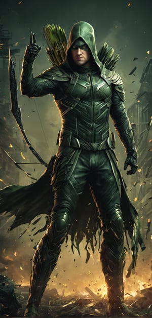 (extremely detailed 8k wallpaper), a medium full body photo of green arrow, intricate, highly detailed, dramatic, in green arrow costume, fighting