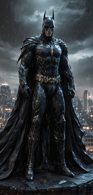 (extremely detailed 8k wallpaper), a medium full body photo of Batman intricate, highly detailed, dramatic, in bat suit, standing on top of a building, rainy night, lightning flashing