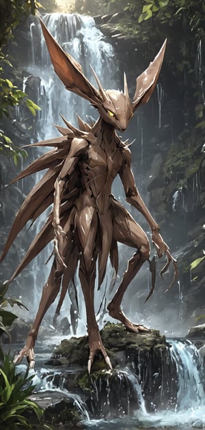 (extremely detailed 8k wallpaper), a medium full body photo of kabutops of pokemon,intricate, highly detailed, dramatic, standing near a waterfall ),kabutops,pokemon (creature),bladed arms