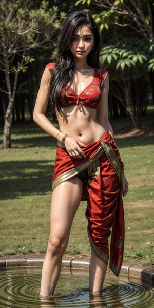 hindu_girl with indian saree , indian_village , wearing_red_tight dhoti , detailed_background , 32k , 8k , masterpiece , high_resolution , beautiful , black_long_hairs ,girl wearing indian dhoti ,knee length, red_theme ,dhoti , belly exposed,  , dancing, flower field, perfect fingers ,wearing a k0715ar33,in a sexy pose,,wearing jewellery,having sex,standing in water,wet_clothes
