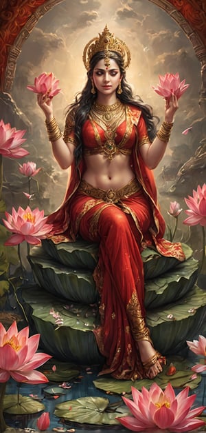 (extremely detailed 8k wallpaper), a medium full body photo of goddess laxmi,intricate, highly detailed, dramatic, four hands, meditating,wearing red saree,sitting on a huge lotus flower