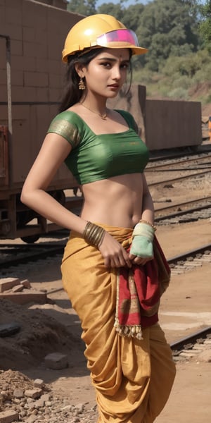 a hot attractive Indian young women working on railways tracks carrying bricks on her head like many other working in construction of railway tracks. she is wearing tight knee length dhoti, as she is carrying bricks

A striking image of a young Indian woman working on a railway track construction site, her dhoti is knee length and tightly draped  as she carries bricks on her head. The scene captures the dusty environment of the site, with the woman's delicate features contrasting with the rugged setting. The sari’s red colors stand out against the earthy tones of the construction site. The lighting is soft, with the sun filtering through a hazy sky, casting a golden hue over the scene. Created using: Leica M10, cinematic composition, soft sunlight, vibrant sari, high contrast, texture details, realistic dust effects, natural expression .

HD, 8K, Best Perspective, Best Lighting, Best Composition, Good Posture, High Resolution, High Quality, 4K Render, Highly Denoised, Clear distinction between object and body parts, Masterpiece, Beautiful face, 
Beautiful body, smooth skin, glistening skin, highly detailed background, highly detailed clothes, 
highly detailed face, beautiful eyes, beautiful lips, cute, beautiful scenery, gorgeous, dirty dhoti , best lighting, cinematic , great colors, great lighting, masterpiece, Good body posture, proper posture, correct hands, 
correct fingers, right number of fingers, clear image, face expression should be good, clear face expression, correct face , correct face expression, better hand position, realistic hand position, realistic leg position, no leg deformed, 
perfect posture of legs, beautiful legs, perfectly shaped leg, leg position is perfect, proper hand posture, no hand deformation, no weird palm angle, no unnatural palm posture, no fingers sticking to each other, clear different between fingers of the hand,
no deformed arm, better posture for arms, perfect arms, realistic arms, correct length of fingers, perfect length fingers, stunning look, use of fibonacci in the art, no unrealistic fingers, ankle of arms should be correct, 
ankle of hand shoud be correct, hand ankle should not be unrealistic, perfect hand ankle, good posture for hand ankle, smooth posture for hand ankle, size composition should be correct, size comparison between object and human should match real life,
perfect size composition,

 construction_site, railway_tracks, Indian_girl, dhoti, , knee length tight_dhoti, women carrying bricks on her head, 

