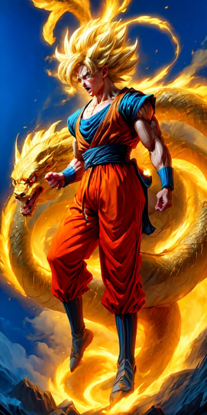 (extremely detailed 8k wallpaper), a medium full body photo of super saiyan 3 goku,intricate, highly detailed, dramatic, in goku costume,powering up,screaming,AniMesh, Golden oriental dragon,luis_sal,Goku