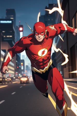 1 male, flash, in the flash suit,running through west city,light muscular, abs,