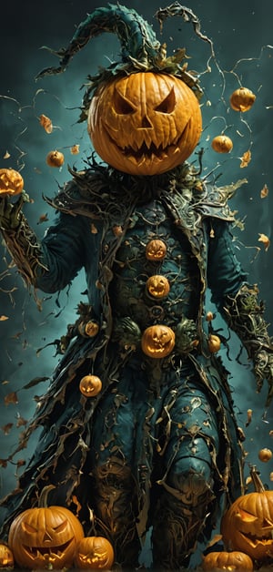 (extremely detailed 8k wallpaper), a medium full body photo of jack o lantern ,intricate, highly detailed, dramatic, in green and blue costume, head made of pumpkin,head on fire,pumpkin bombs in hand,laughing madly