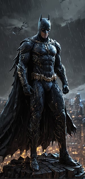 (extremely detailed 8k wallpaper), a medium full body photo of Batman intricate, highly detailed, dramatic, in bat suit, standing on top of a building, rainy night, lightning flashing