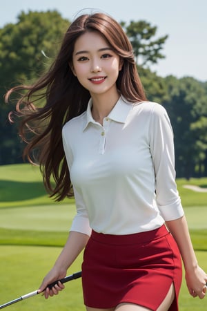 masterpiece, best quality, photorealistic, raw photo, 1girl, long hair, long leg, medium breast, collared blouse, red  skirt, light smile, detailed skin, pore, low key, field walking, driver golf swing pose