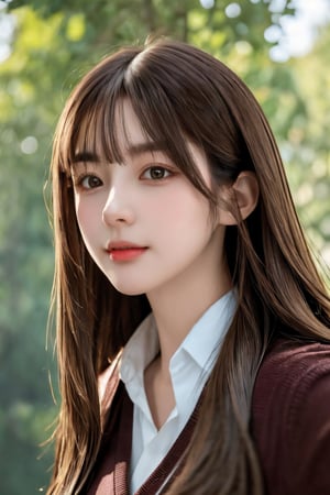 photorealistic, masterpiece, best quality, raw photo, 1girl, solo, long hair, brown hair, detailed face, alluring face, collared shirt, medium breasts, dynamic pose, looking at viewer, from below, detailed background, fine detailed, intricate detail,  ray tracing, depth of field, hdr,nene_koo