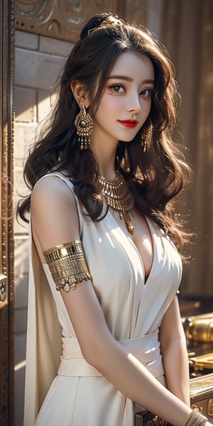 ((masterpiece)), (realistic:1), ((cowboy shot)), ((8k wallpaper, UHD)), ((dilraba dilmurat, hot and sexy, smile)), ((adorned in black, big breasts, cleavage revealed, jewelries, bangles, gold)), (red lipstick, eye liner, eye makeup, Face makeup), (long wavy hair, ponytail), ((detailed hands, detailed face)), ((beautiful illustration)), ((pure white skin tone)),egyptian