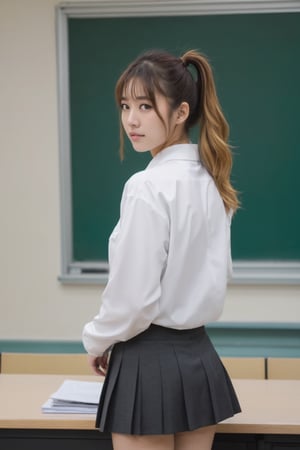 A Japanese high school girl, with a ponytail, was standing in the classroom. There was no one in li's classroom, standing right in front of me, wearing jk clothes and Show pubic hair without a skirt