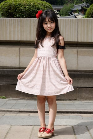 A 12-year-old China girl in a dress and flat shoes.