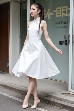 A China girl, wearing a  dress, flat shoes and ponytail, has a good figure and white skin.