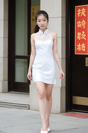 A China girl, wearing a  dress, flat shoes and ponytail, has a good figure and white skin.