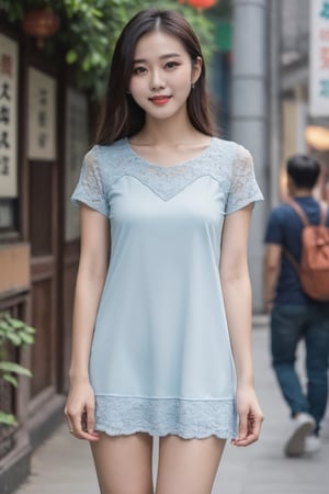 a chinese girl wearing a short dress and flat shoes,Show one's whole body