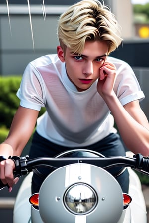 japan blond boy,cute blond boy,black hair,motor bike,raining day,danshitoire, syobenki,1boy,acjc,kpop