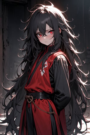 masterpiece, best quality, absurd, young, very long hair, black hair, messy hair, lion's mane hair, red eyes, short, martial clothing, alone,