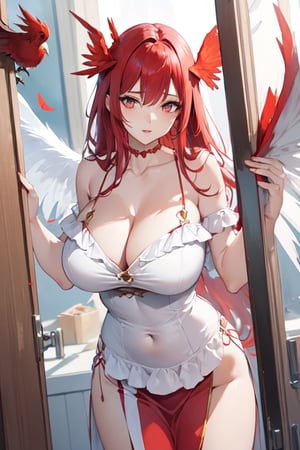 Mature woman, long red hair, red dress, big red bird wings, big breasts, fire phoenix