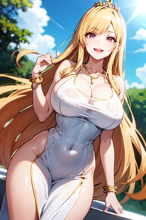 masterpiece, best quality, absurd, MILF with blonde hair, extremely long hair, happy, big breasts, slender shiny skin, white one-piece dress, pink eyes, smile, golden tiara, jewelry, gold necklace