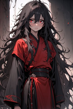 masterpiece, best quality, absurd, young, very long hair, black hair, messy hair, lion's mane hair, red eyes, short, martial clothing, alone,