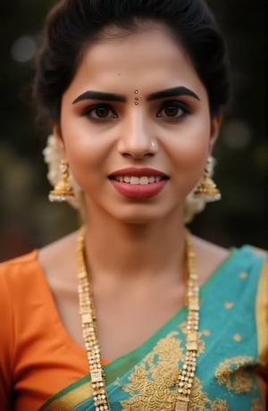 A close-up shot of a woman in a traditional Indian saree, adorned with gold embroidery and jewelry. She is dressed in a turquoise saree with a matching orange blouse. The saree is adorned with a gold necklace and earrings, adding a touch of gold to her outfit. The backdrop is blurred, creating a soft focus on the woman's face.