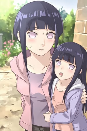 1girl, long hair, looking at viewer, open mouth, bangs, black hair, 2girls, collarbone, jacket, navel, midriff exposed, flower, outdoors, solo focus, hood, blunt bangs, white eyes, no pupils, hyuuga hinata