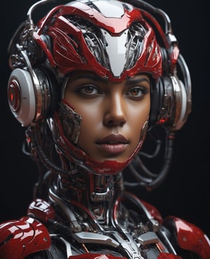 Half Potaret,  amala paul, highly detailed beautiful organic molding, art nouveau, sharp focus, dynamic lighting, elegant harmony, beauty, evolution to robot , full face human cyberpunk, white and red,, ultra hd, realistic, vivid colors, highly detailed, UHD drawing, pen and ink, perfect composition, beautiful detailed intricate insanely detailed octane render trending on artstation, 8k artistic photography, photorealistic concept art, soft natural volumetric cinematic perfect light, Mysterious, smoke, shadows, contrast, clear sky, analog style (look at viewer:1.2) (skin texture) (film grain:1.3), (warm hue, warm tone