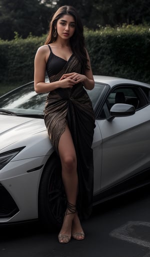 A young beauty posing confidently on the sleek surface of a Lamborghini, saree , her 18-year-old radiance illuminated by soft, golden light. Her slender legs dangle off the edge, one hand resting on the gleaming hood, while the other gently touches the driver's side window. The car's bold lines and vibrant color scheme provide a striking backdrop for her effortless elegance, leg_spread 