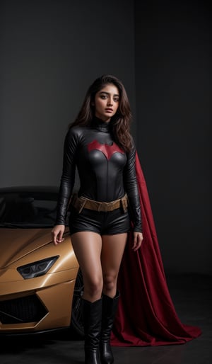 Batwoman movie theam, A young beauty posing confidently on the sleek surface of a Lamborghini, standing outside 
background Lamborghini car,  saree:1.4, her 18-year-old radiance illuminated by soft, golden light, vibrant color scheme provide a striking backdrop for her effortless elegance, leg_spread 